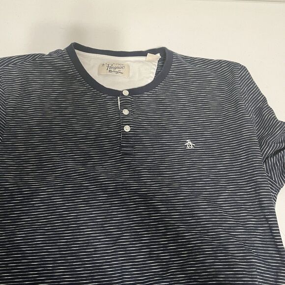PENGUIN Navy Blue White Striped Henley Shirt XXL Short Sleeve Preppy Mens - Picture 3 of 12
